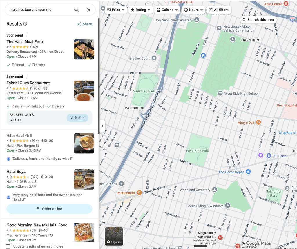 Google results for halal food near me in Newark